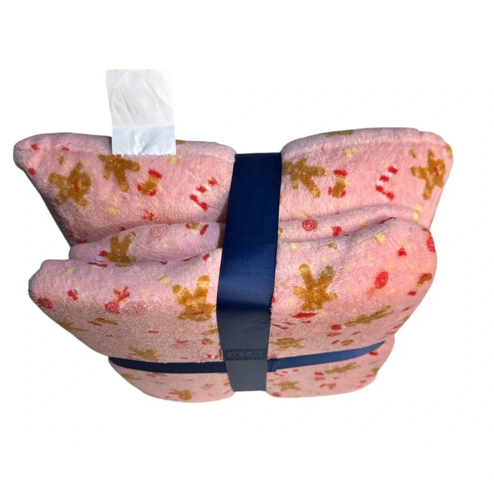 NWT ANA Pillow & Throw Gift Set‎ Pink Gingerbread Man Flannel Fleece 50x60 Cozy